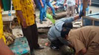 Kabid Pasar Dinas Perindag Kabupaten Karo Pribadi Sebayang SH meninjau kondisi drainase yang sedang dikorek anggotanya di Pusat Pasar Berastagi. (Foto: Tekwasi)